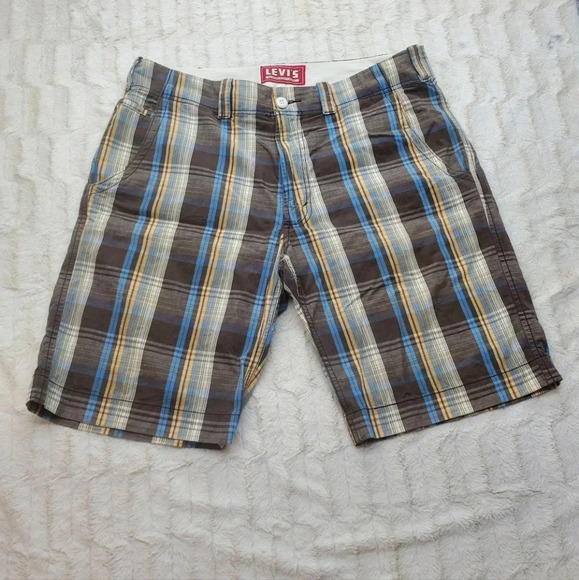 Levi's Men's  Shorts Brown Blue Check Flat Front HQ Size 36 Actual 37 - Picture 1 of 13